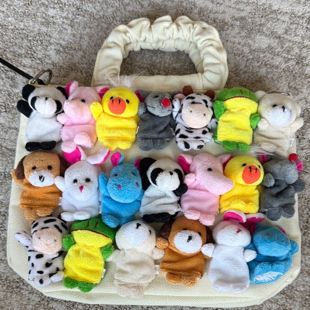 Cute Plush Finger Puppet Tote - Multicolor Animal Friends 2 Way Bag.